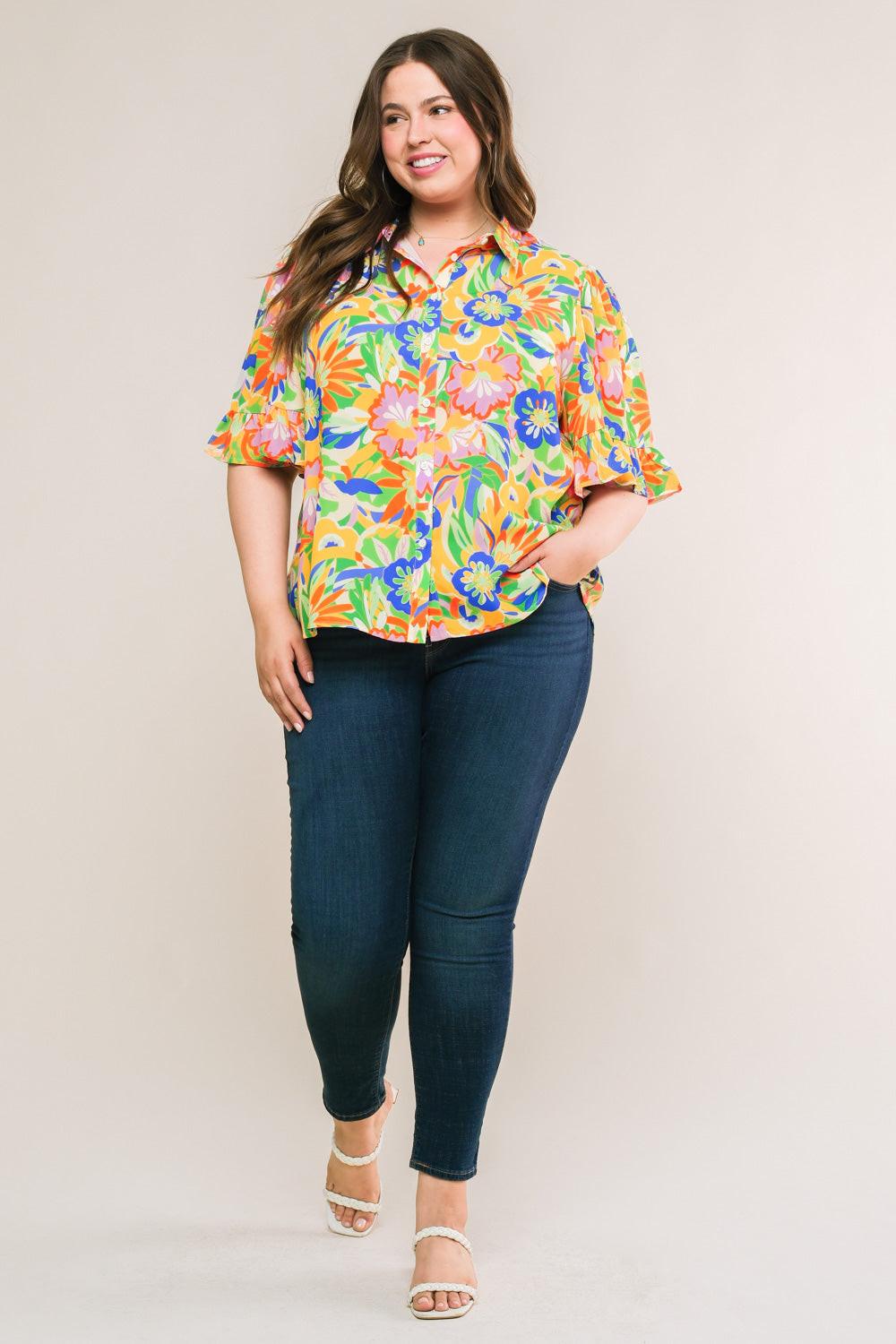Ready to Get Away Woven Top with Short Sleeves and Ruffle Hem Polyester