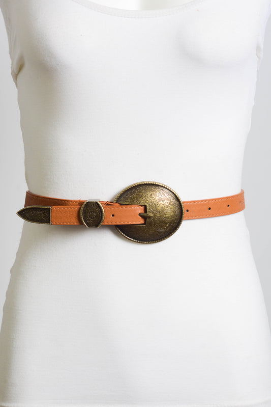 Leto Collection vintage oval buckle belt in tan with a decorative metal buckle designed for a stylish look