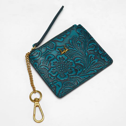 Loyal West SOPHIA CREDIT CARD HOLDER IN HAND FINISHED EMBOSSED LEATHER - TURQUOISE