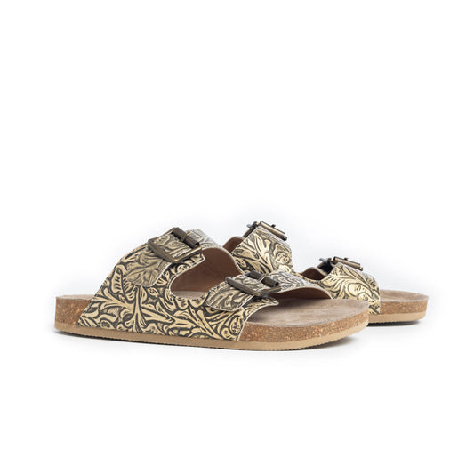 Myra Rio Amarillo Embossed Leather Sandals for Women in Beige – Dual Buckle Design, Cork Sole Comfort, Western Slip-on