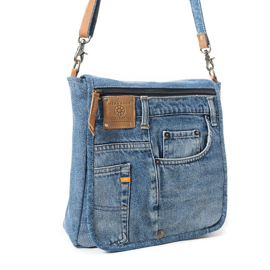 Myra Ashley Adventure Crossbody Bag – Upcycled Denim with Leather Accents