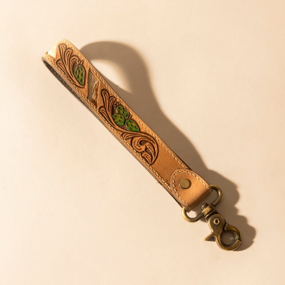 Myra Wildvine Pony Western Handtooled Key Fob in tan with cactus detail