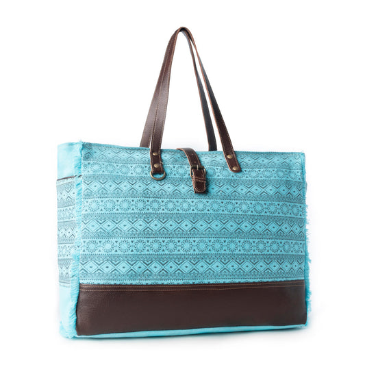 Myra Aztec Sky Western Weekender Bag for Women in turquoise with print detail