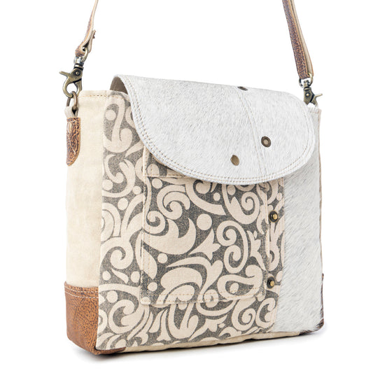Myra Factual Hairon Leather Messenger Bag – Swirl Canvas, White Hairon Flap, Rustic Straps for Everyday Western Style