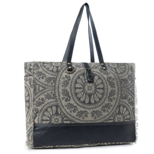 Myra Carmela Printed Canvas Weekender Bag – Leather Handles with Buckle Strap, Spacious Travel Tote for Western Getaways