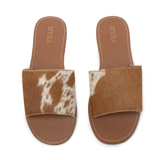 Myra Kemma Hairon Slide Sandals for Women – Comfortable Flat Slides with Tan & White Speckle Print for Western Summer Outings