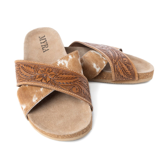 Myra Prairie Handtooled Leather Slide Sandals for Women – Floral Western Design, Soft Cork Footbed for Comfort