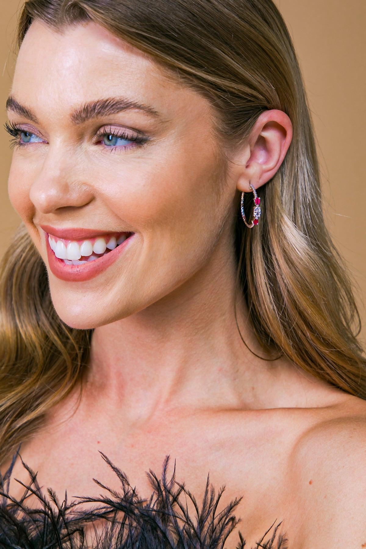 Sterling Tribal Earrings With Emerald Pink Center Stone And Cubic Zirconia