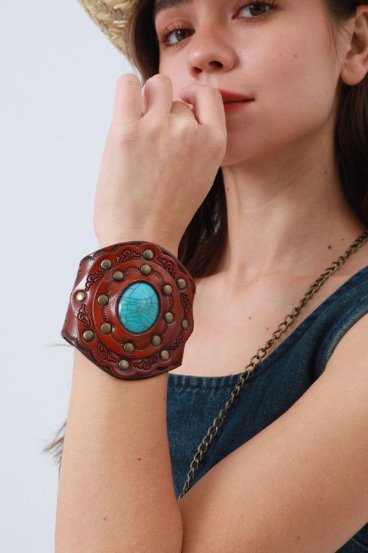 Aegean Boho Leather Cuff – Turquoise Bracelet