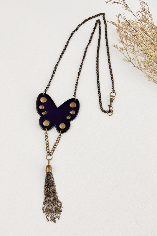 Western Butterfly Necklace – Fringe & Stud Details 🦋