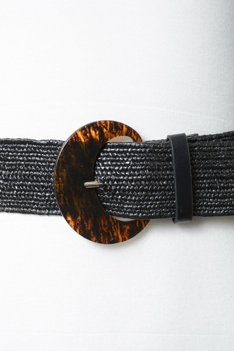 Leto Collection boho basketweave waist cincher belt with a stylish circular tortoiseshell buckle
