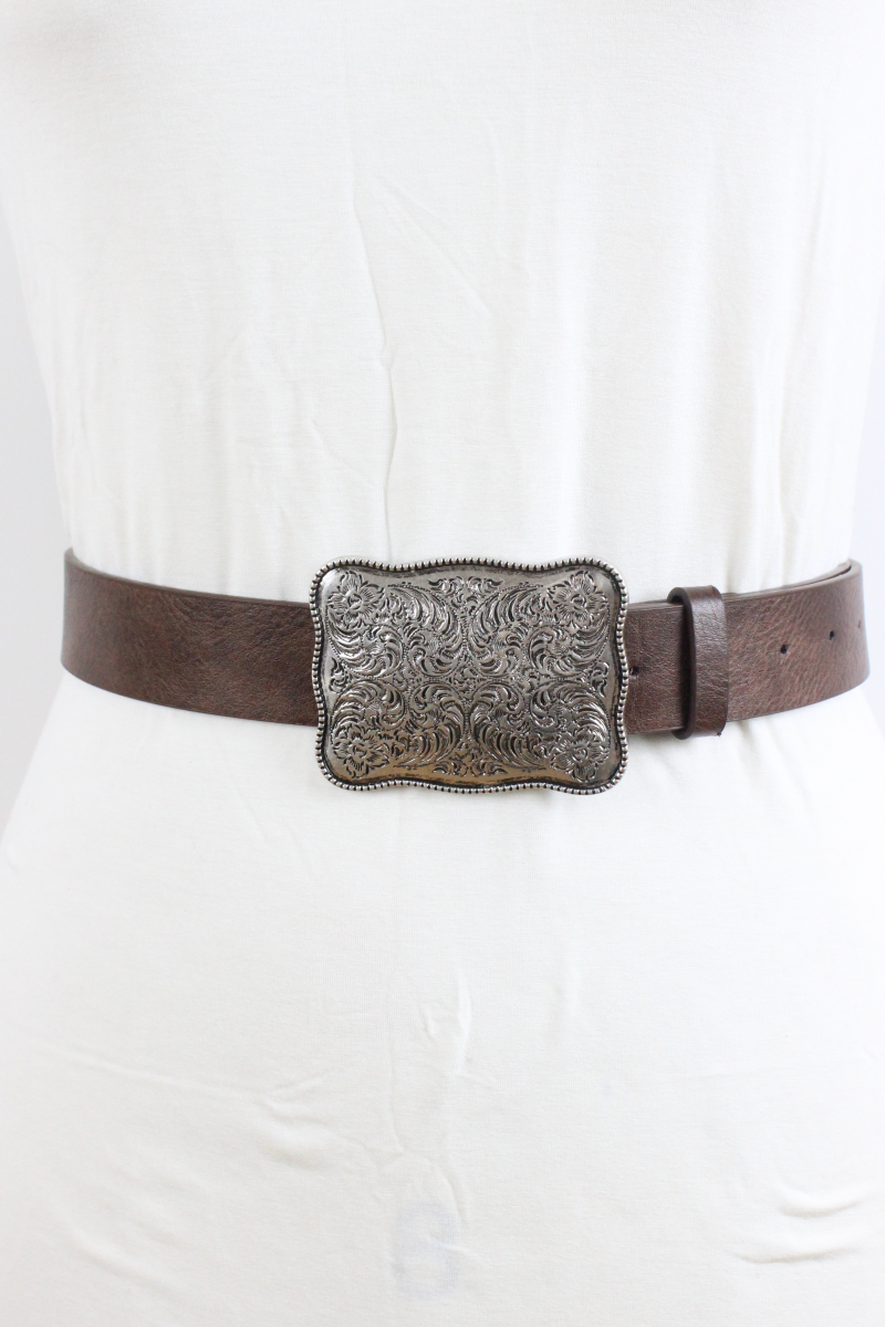 Leto Collection boho western buckle belt with ornate silver buckle and brown leather strap