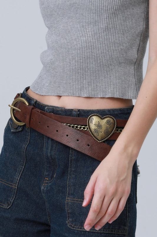 Vintage Western Belt – Faux Leather with Heart & Chain Accent ????????-Soul Flow Apparel