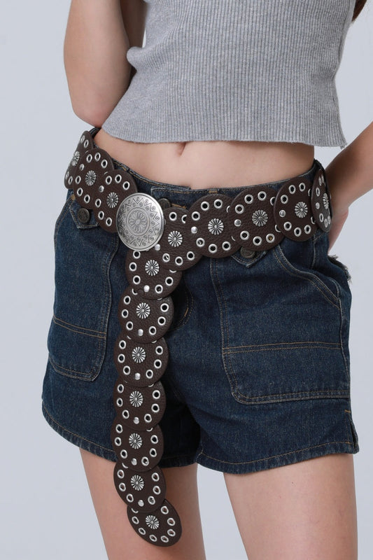 Boho Western Belt – Vintage Round Patch & Studded Detail ?????-Soul Flow Apparel