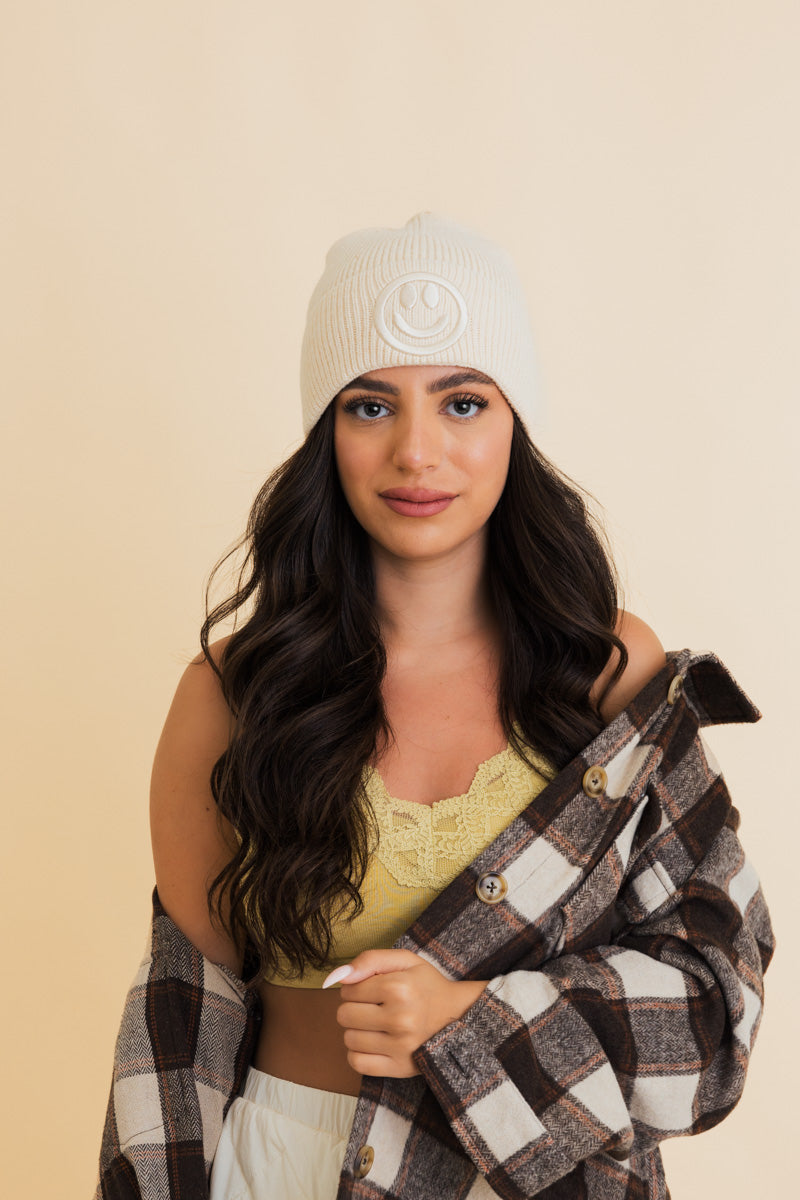 Soul Flow Apparel | Boho Embroidered Smiley Face Ribbed Knit Beanie