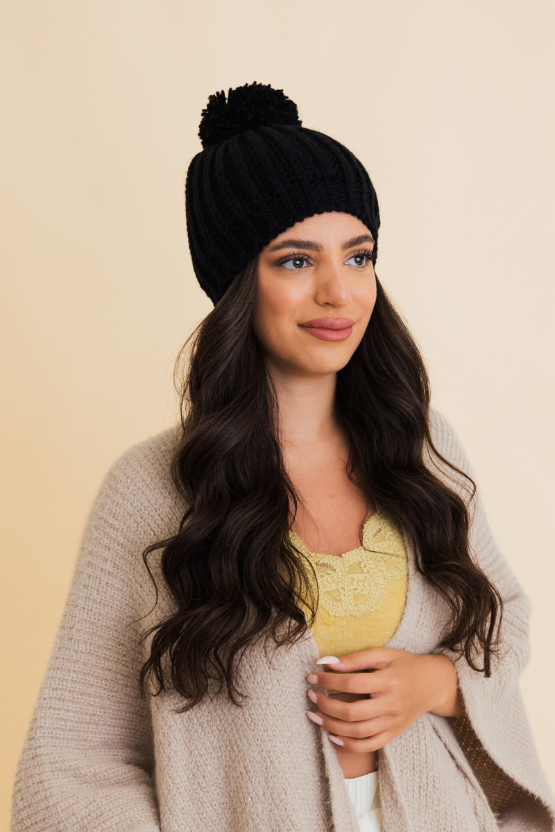 Soul Flow Apparel | Boho Chunky Cable Knit Pom Beanie