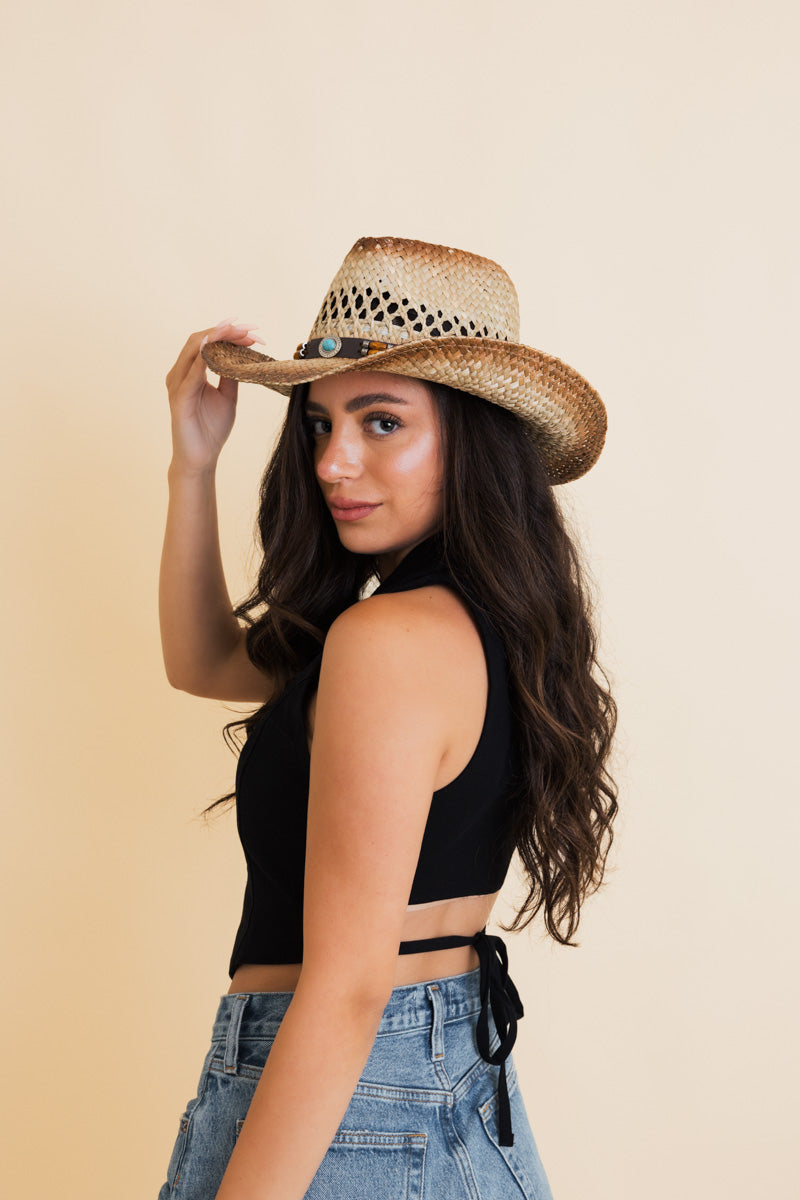 Turquoise Crown Burnt Ombre Western Cowgirl Rancher Hat ????-Soul Flow Apparel
