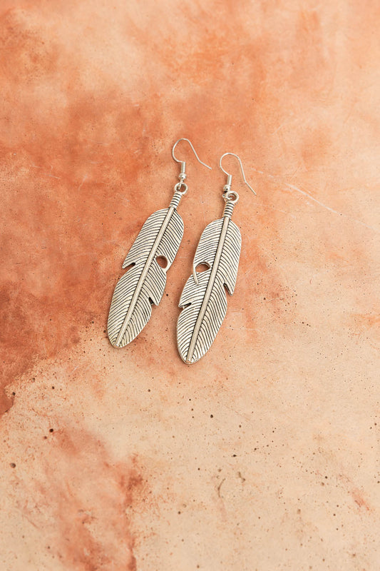 Antique Silver Feather Dangle Earrings-Soul Flow Apparel