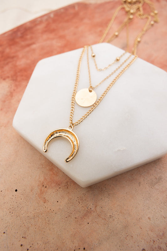 Leto Collection layered gold necklaces with crescent pendant and disc Boho Necklace, Boho Chic Jewelry, Spiritual