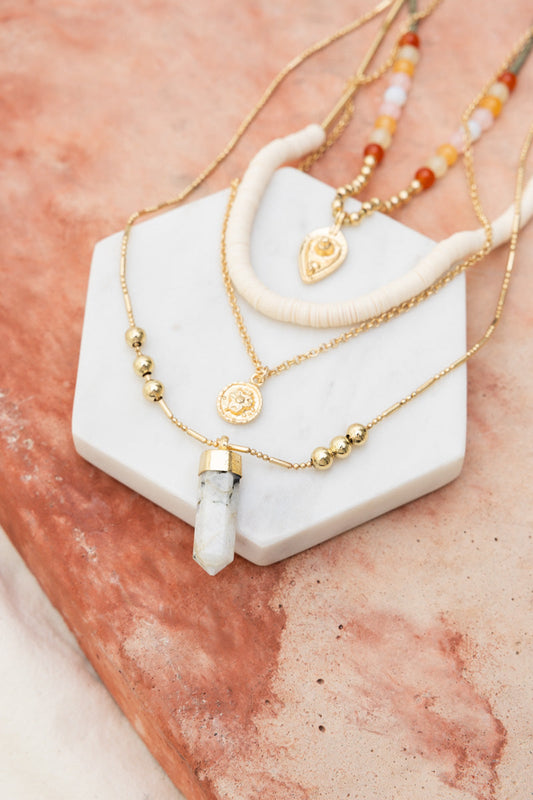 Leto Collection layered Boho Necklace, Boho Chic Jewelry, Spiritual gold and white crystal pendant necklaces for everyday wear