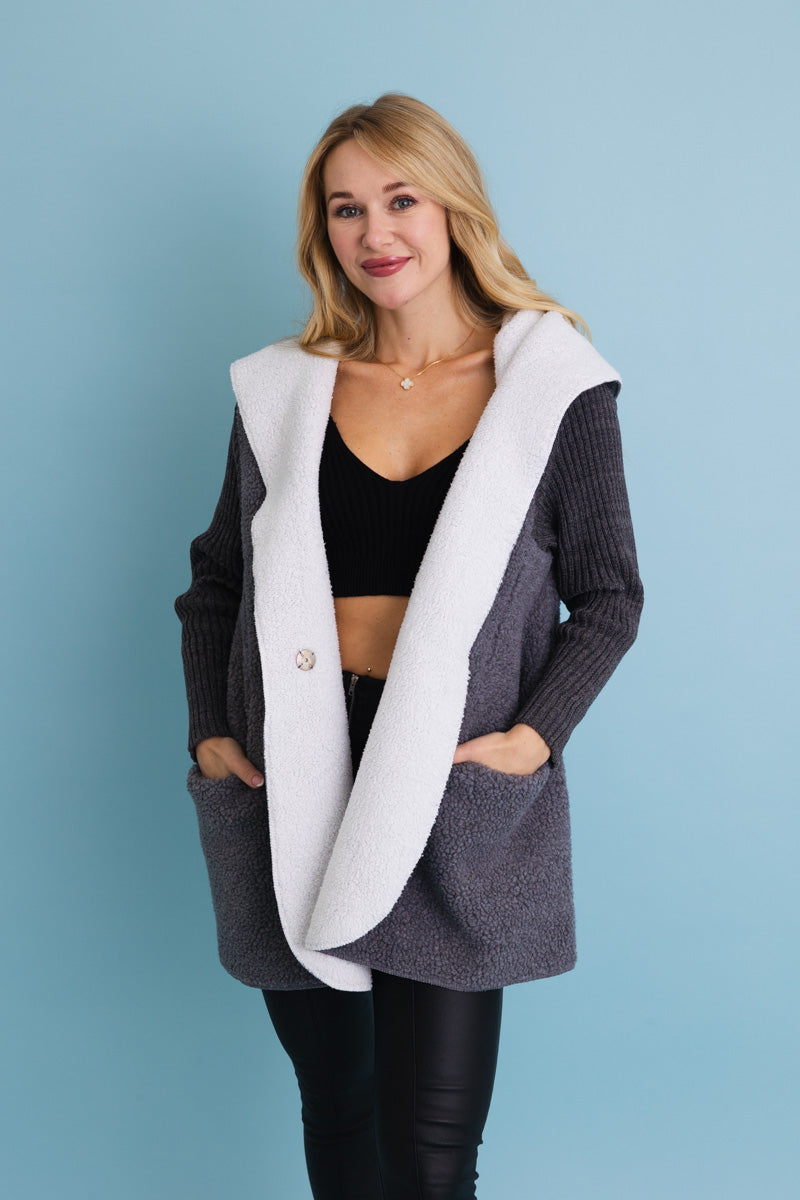 Gray Cozy Sherpa Hooded Cardigan-Soul Flow Apparel