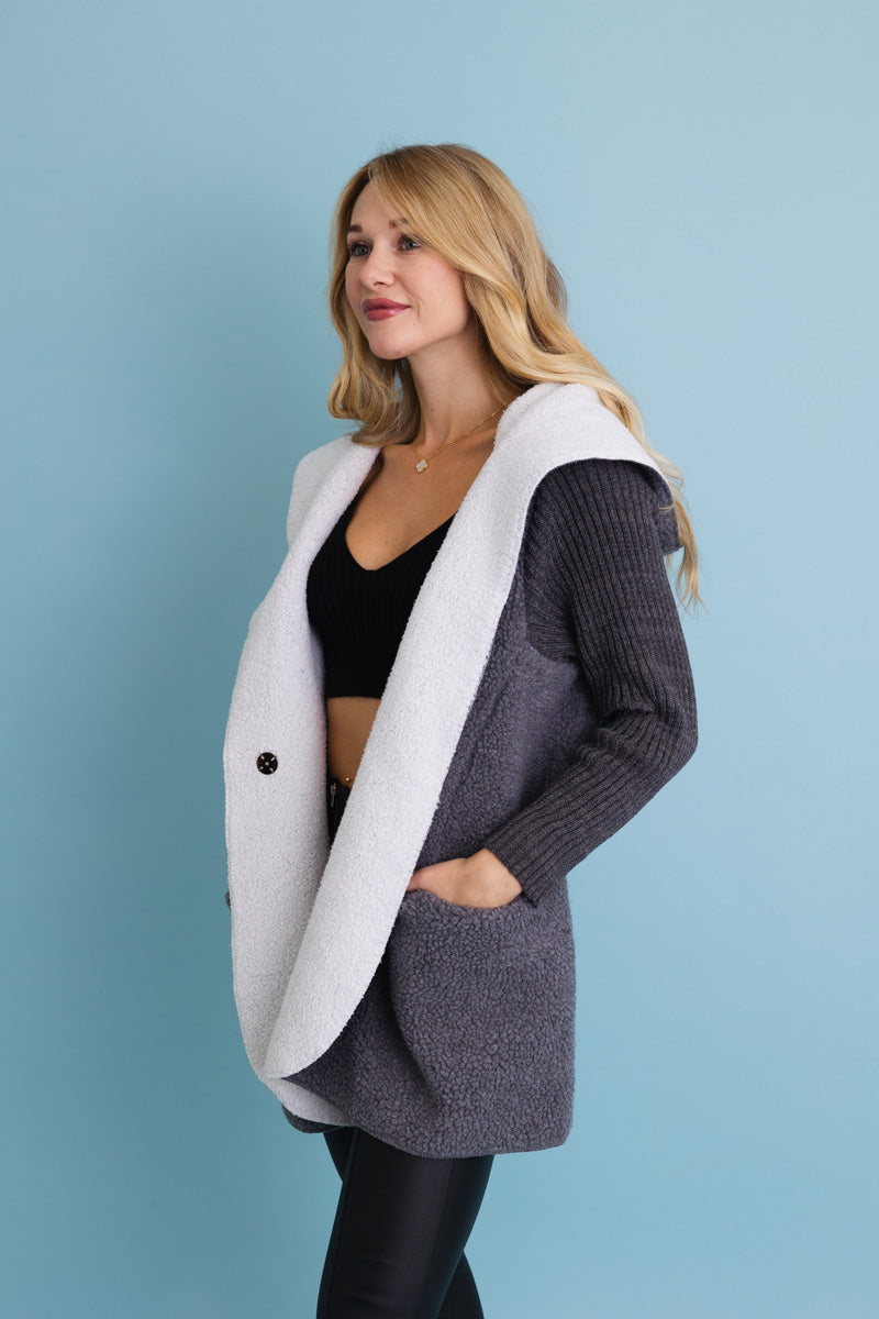 Gray Cozy Sherpa Hooded Cardigan-Soul Flow Apparel