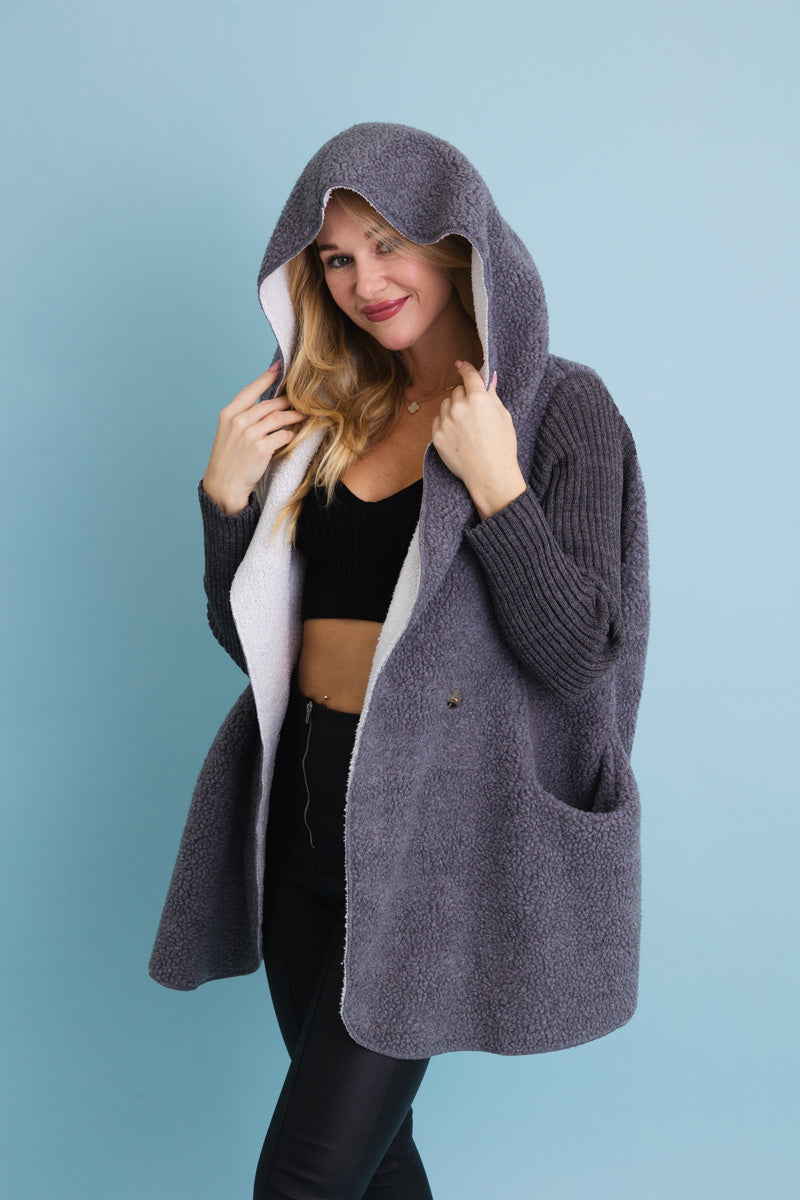 Gray Cozy Sherpa Hooded Cardigan-Soul Flow Apparel