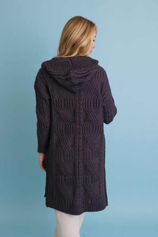 Cable Knit Hooded Cardigan with Large Buttons-Soul Flow Apparel