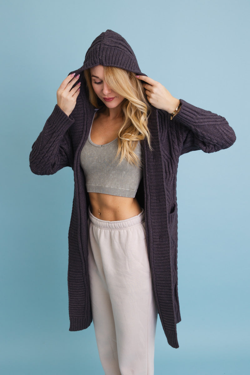 Cable Knit Hooded Cardigan with Large Buttons-Soul Flow Apparel