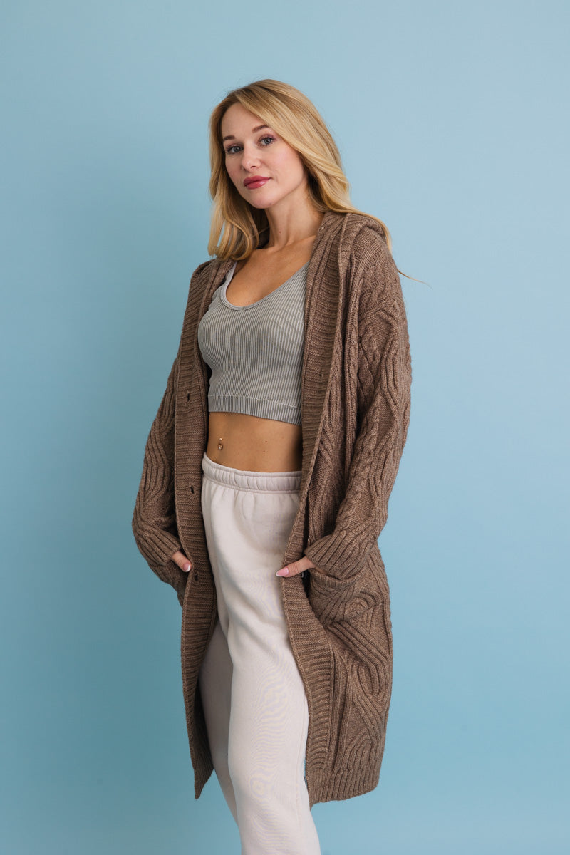 Cable Knit Hooded Cardigan with Large Buttons-Soul Flow Apparel