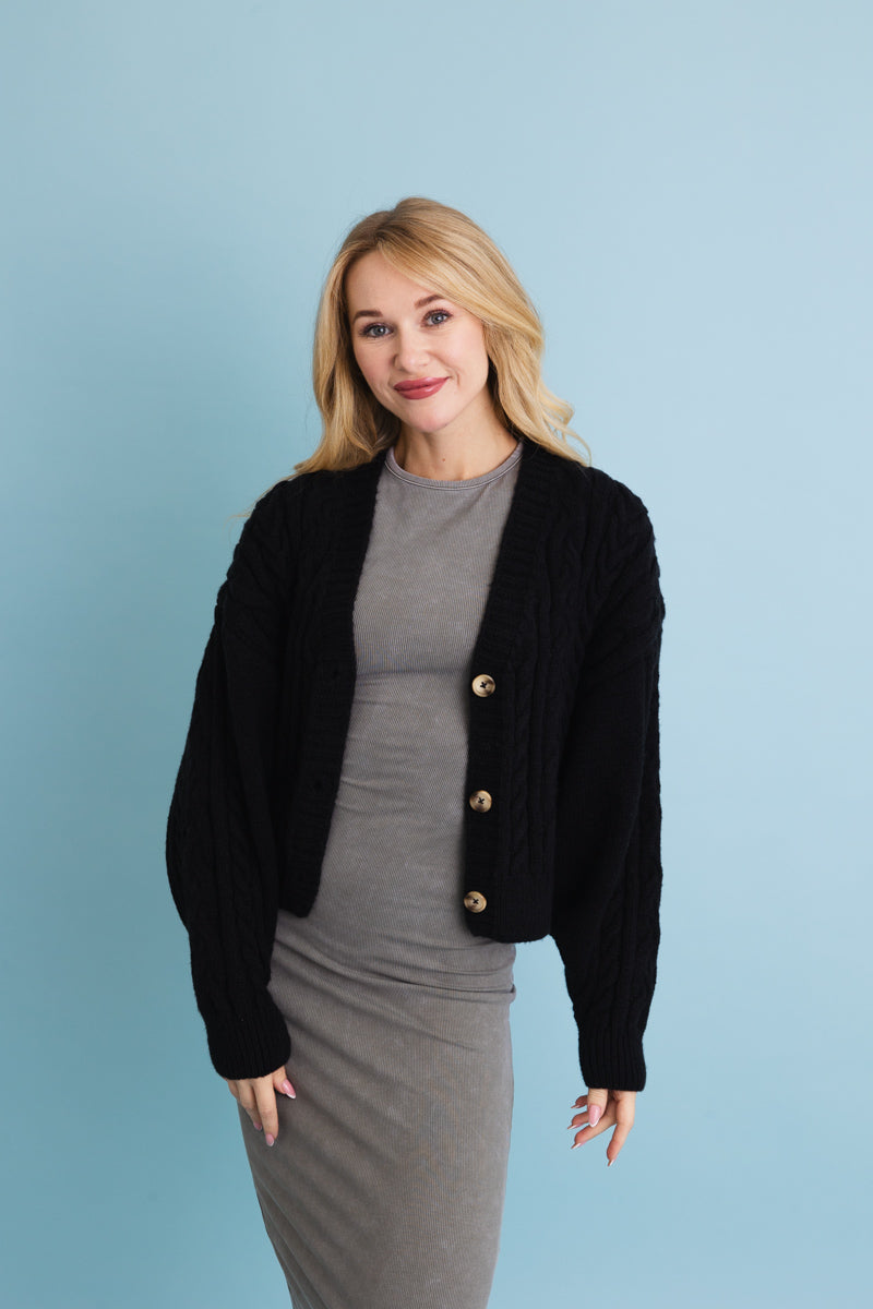 Chunky Cable Knit Button-Up Cropped Cardigan ????-Soul Flow Apparel