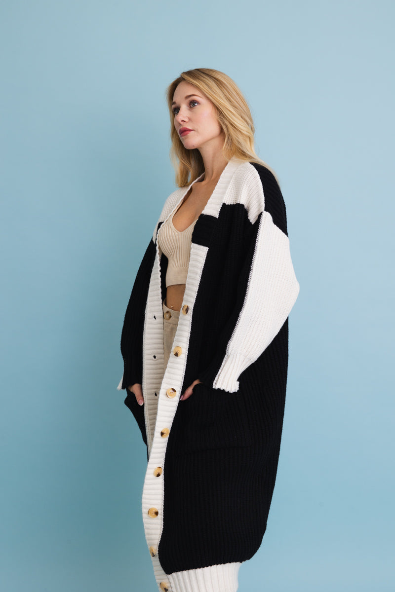 Oversized Color Block Button-Up Knit Cardigan-Soul Flow Apparel