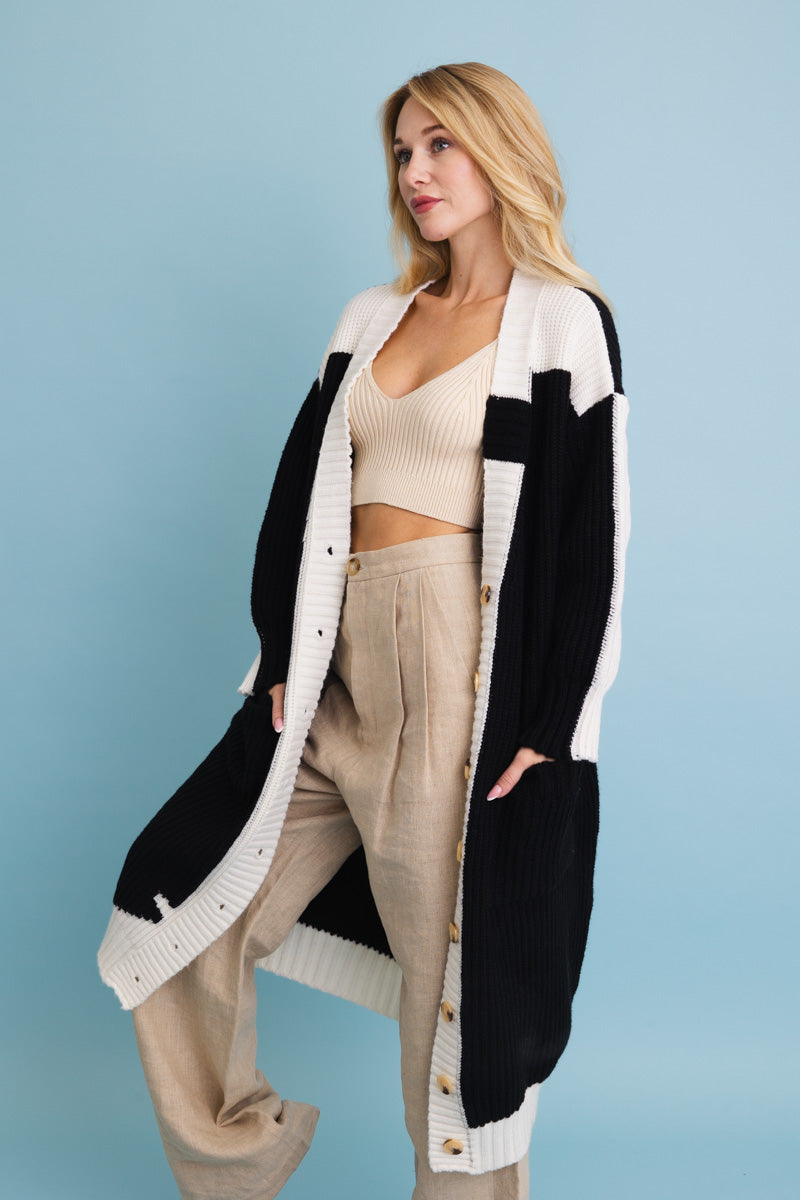 Oversized Color Block Button-Up Knit Cardigan-Soul Flow Apparel