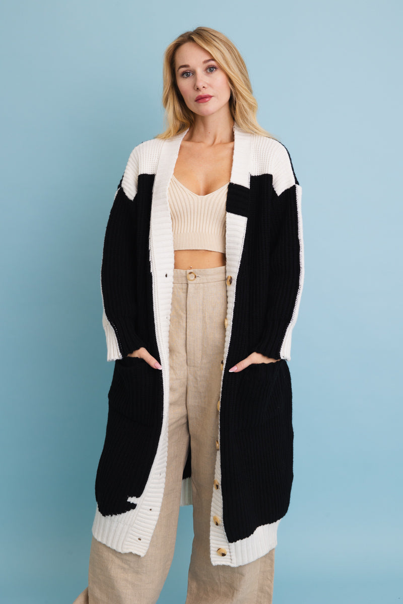 Oversized Color Block Button-Up Knit Cardigan-Soul Flow Apparel
