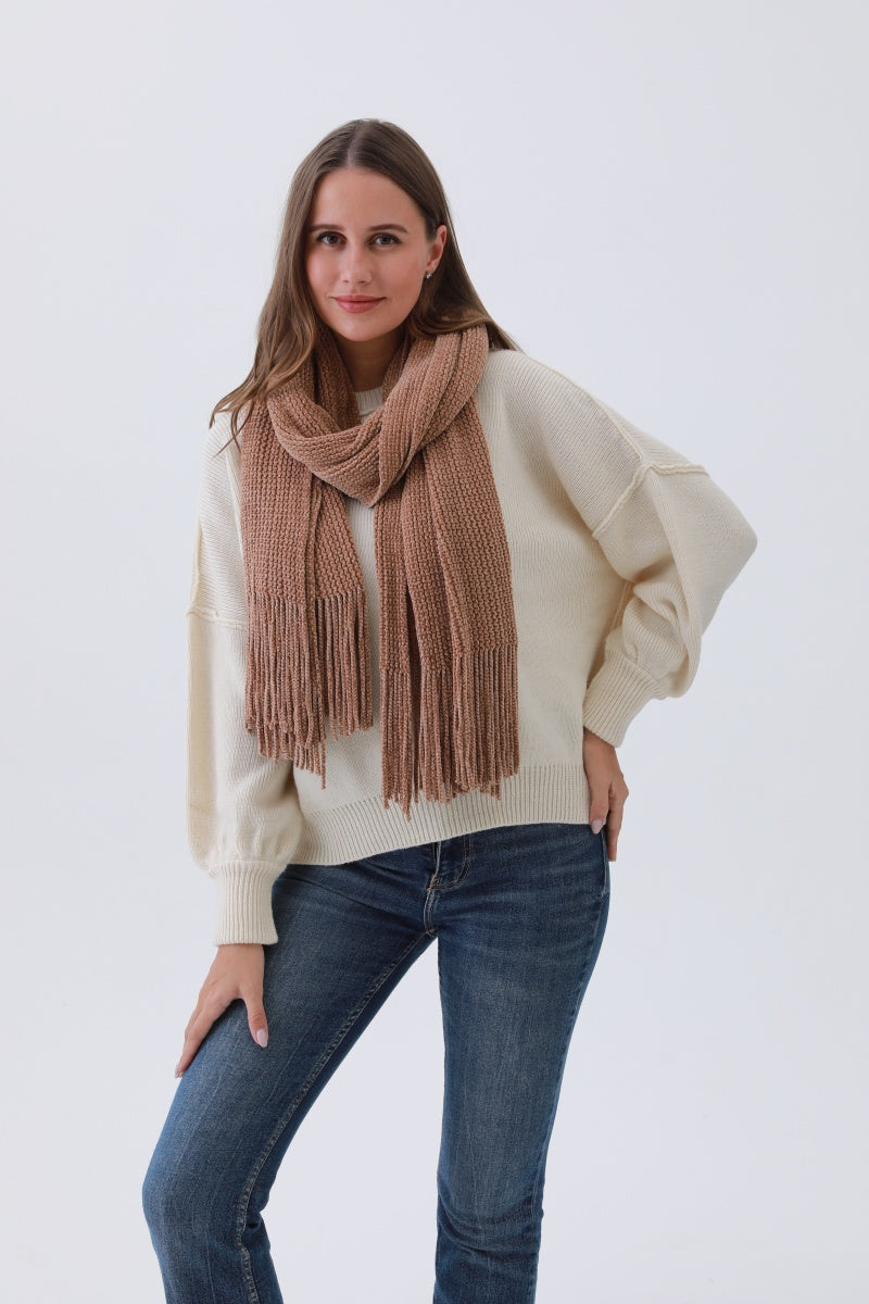 Luxe Chenille Knit Scarf – Plush Tassel Elegance???-Soul Flow Apparel