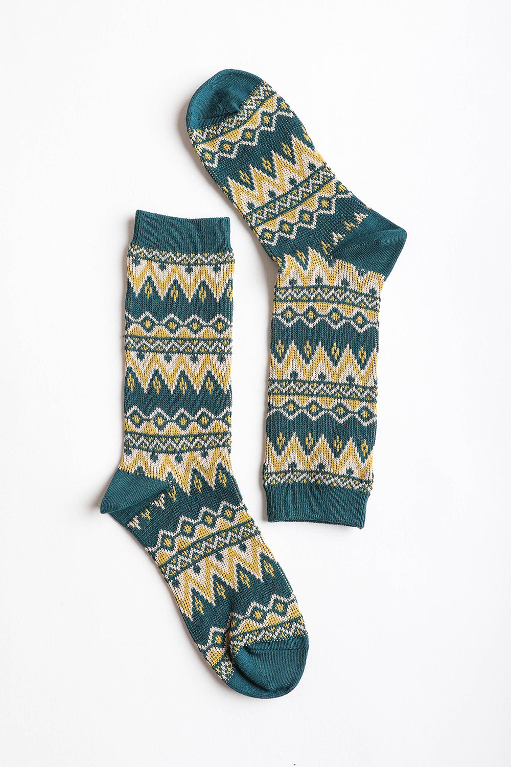 Leto Collection boho tribal pattern socks in teal, yellow, and cream with a stylish geometric design