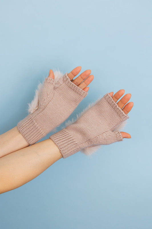Faux Fur Trim Fingerless Knit Mittens-Soul Flow Apparel