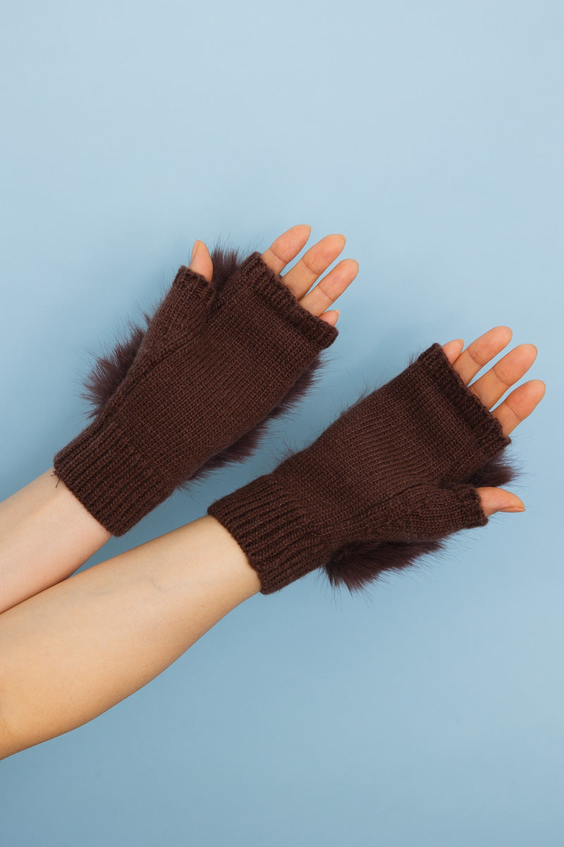 Faux Fur Trim Fingerless Knit Mittens-Soul Flow Apparel