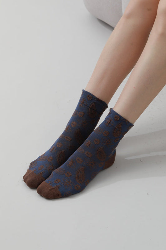 Leto Collection boho cashew print socks in blue with floral designs for stylish comfort