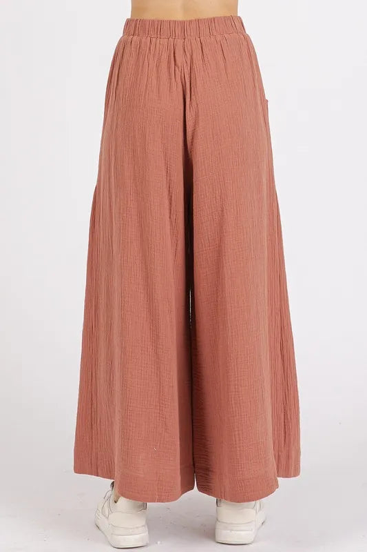 Gauze Elastic Waist Pleated Wide Leg Pants-Soul Flow Apparel