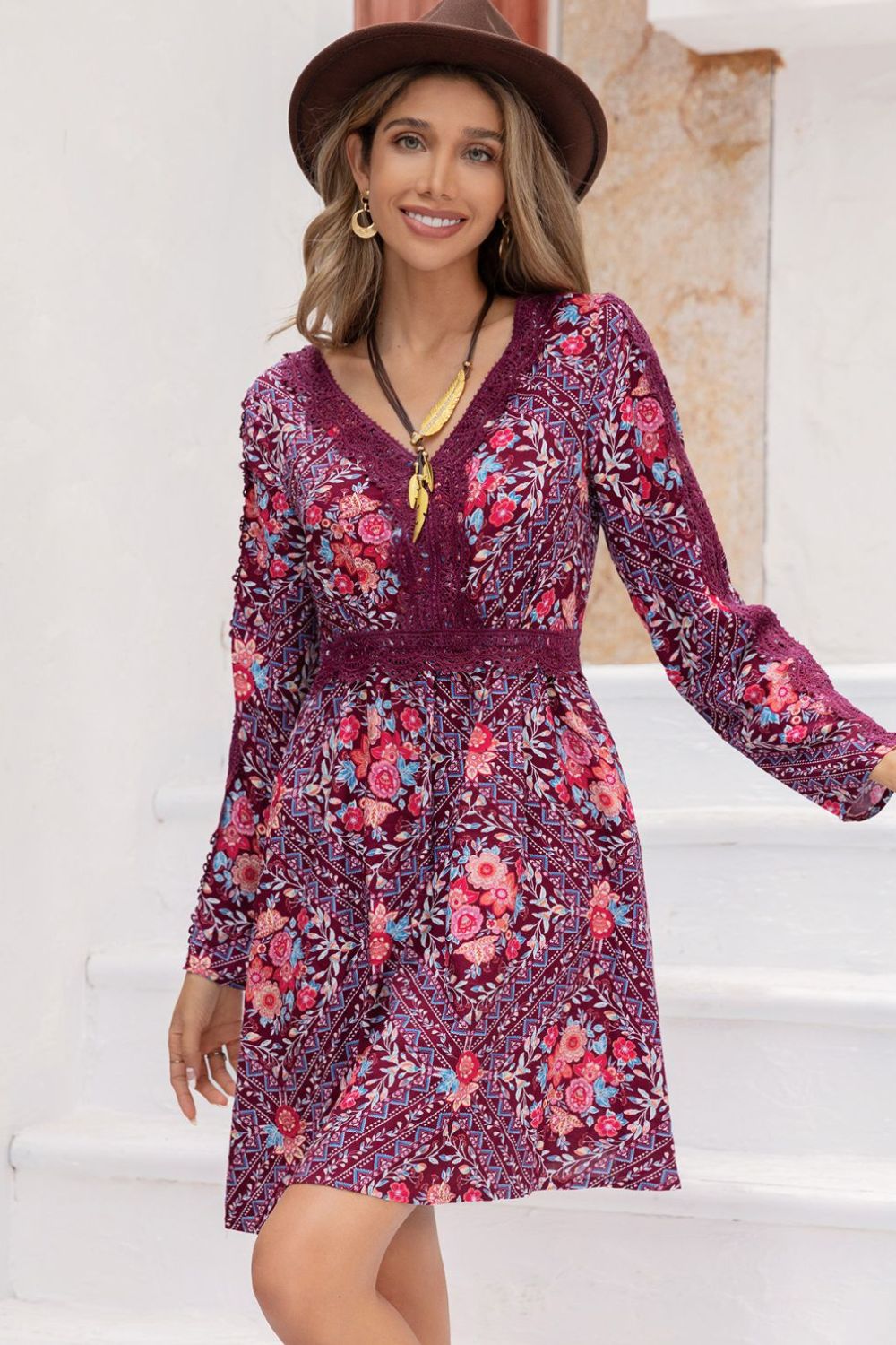 V-Neck Long Sleeve Printed Mini Dress-Soul Flow Apparel