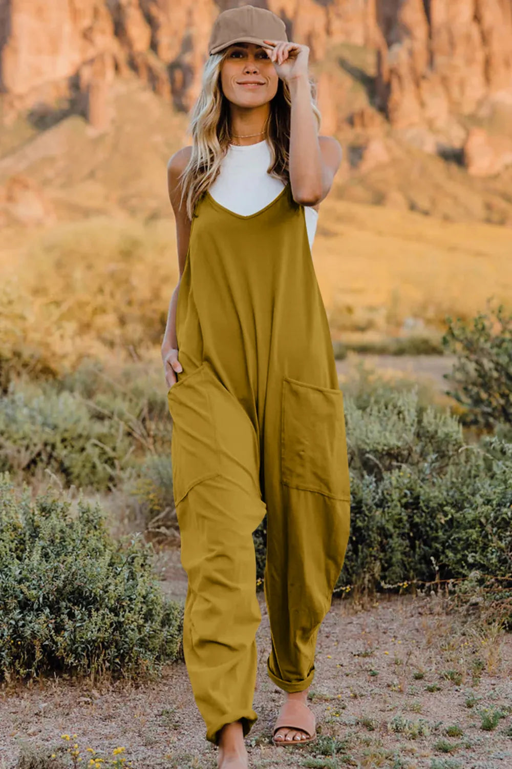 Double Take Full Size V-Neck Sleeveless Jumpsuit with Pockets-Soul Flow Apparel