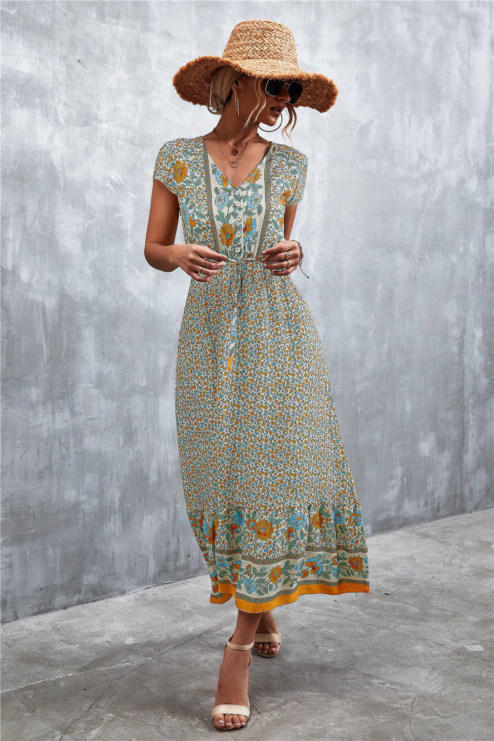 V-Neck Short Sleeve Printed Maxi Dress-Soul Flow Apparel