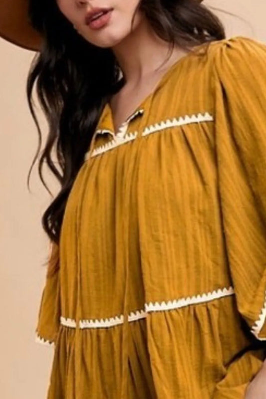 Annie Wear Tassel Contrast Trim Tie Neck Half Sleeve Tiered Dress-Soul Flow Apparel