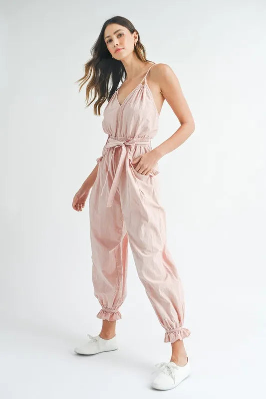 MABLE Washed Fabric Spaghetti Strap Waist Belted Jumpsuit-Soul Flow Apparel