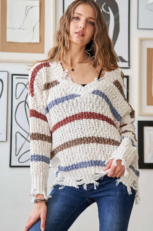 Trendsi boho striped frayed edge sweater in cream with colorful stripes and distressed hem