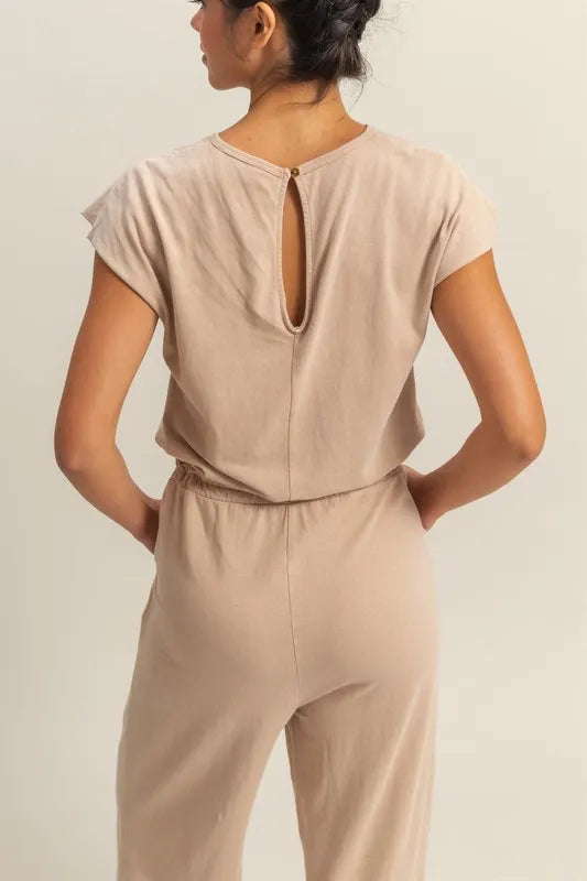 HYFVE Back Keyhole Round Neck Cap Sleeve Drawstring Jumpsuit-Soul Flow Apparel