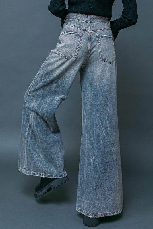 Daring Trend Washed Denim Pants Wide Leg Front Pockets For Everyday Wear