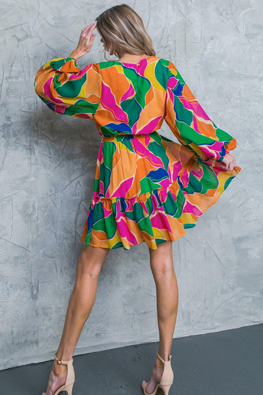 Thank Me Later Woven Mini Dress With Self Tie Waist Long Sleeve And Ruffled Hem