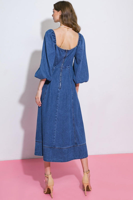 Feelin's Groovy Denim Midi Dress Square Neckline Long Sleeve Back Zip Closure